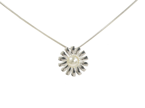Spiky Petal Pearl and Sterling Silver Daisy Pendant with 16 - 18" Silver Chain