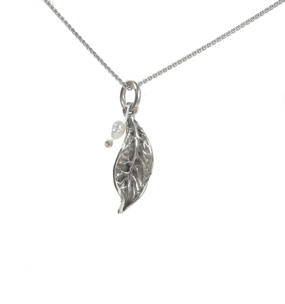 Sterling Silver Tiny Rustic Leaf and Pearl Pendant without Chain