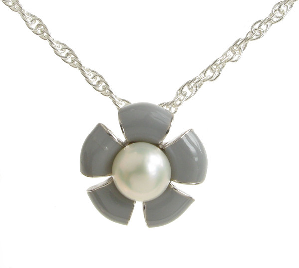 Sterling Silver and Grey Enamel Flower Pendant with Silver Chain