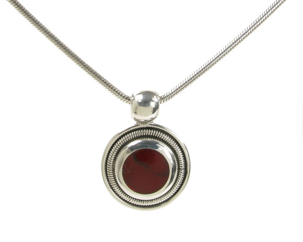 Silver and Formed Red Jasper Round Pendant without Chain