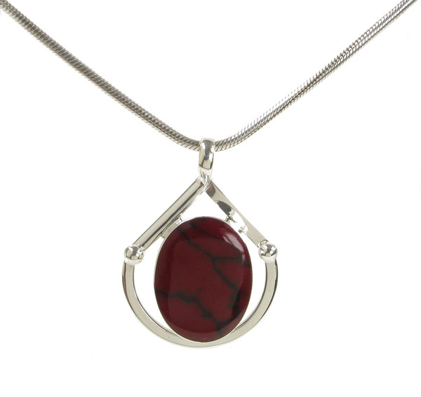 Silver and Formed Red Jasper Emblem Pendant with 18 - 20" Silver Chain