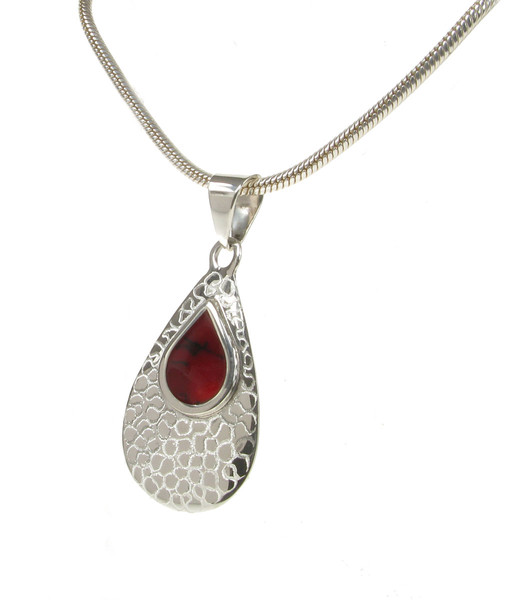 Etched Silver and Red Jasper Teardrop Pendant