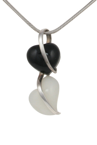 Sterling Silver, Black Agate and White Jade Heart Pendant without Chain