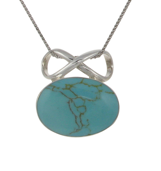 Sterling Silver and Formed Turquoise Oval and Bow Pendant with 16 - 18" Silver Chain