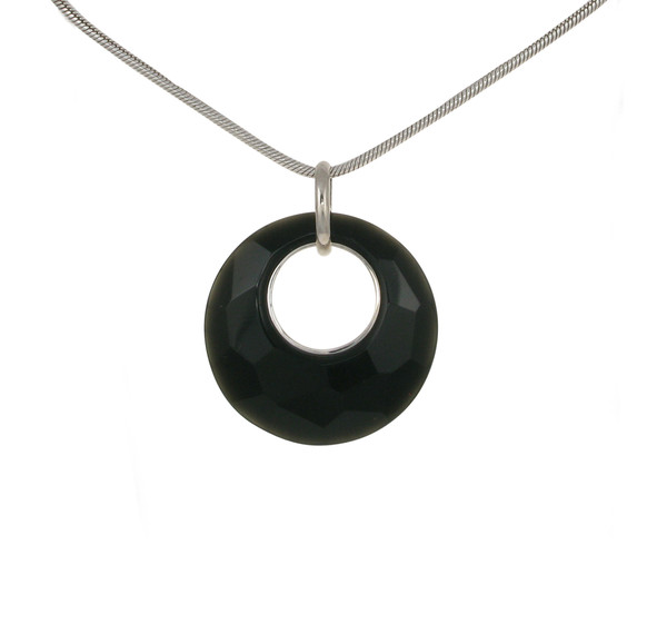 Sterling Silver and Faceted Black Agate Disc Pendant with 18 - 20" Silver Chain