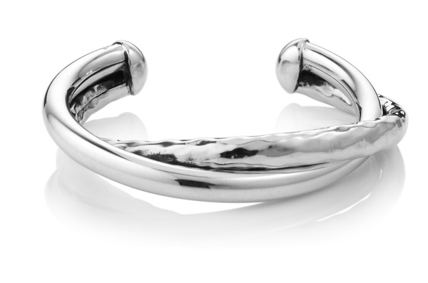 Chunky Beaten and Smooth Silver Twist Bangle