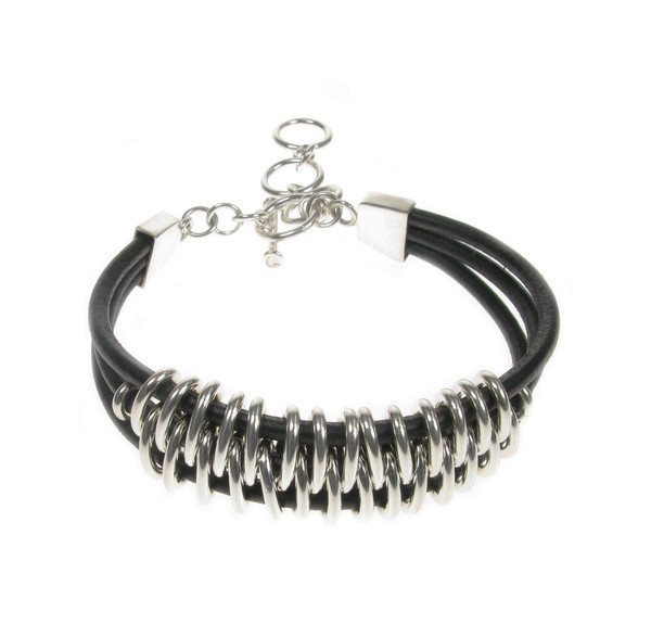 Sterling Silver and Leather Tribal Bracelet