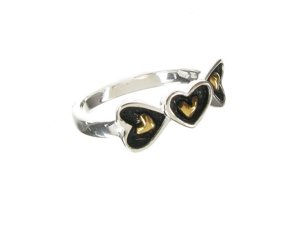 Oxidised Sterling Silver Gold Vermeil Centre Hearts Ring