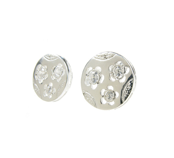 Sterling Silver Textured Disc Stud Earrings with Flower Relief Set with Circonias