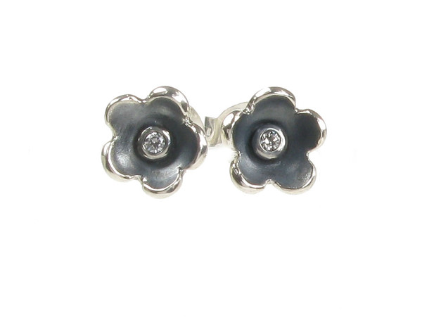 Oxidised Sterling Silver and CZ Simple Flower Earrings