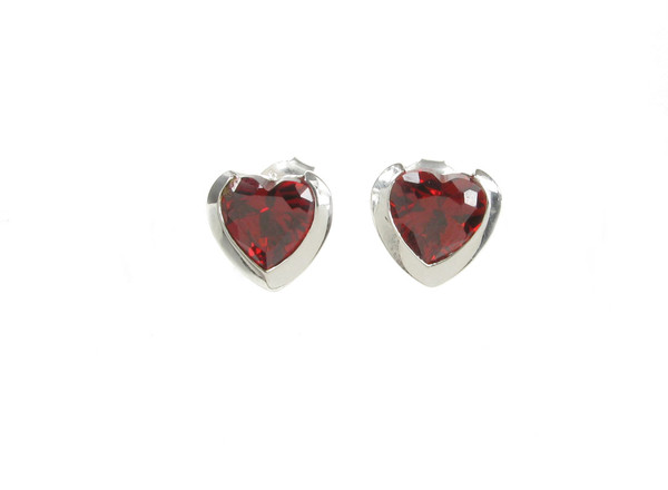 Sterling Silver and Garnet CZ Heart Earrings