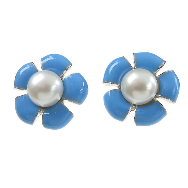 Sterling Silver and Blue Enamel Flower Earrings