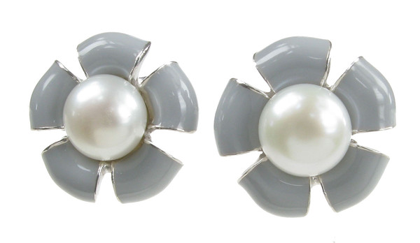 Sterling Silver and Grey Enamel Flower Earrings