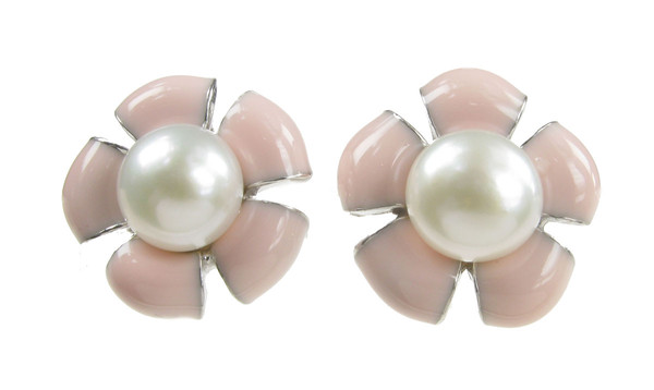 Sterling Silver and Peach Enamel Flower Earrings