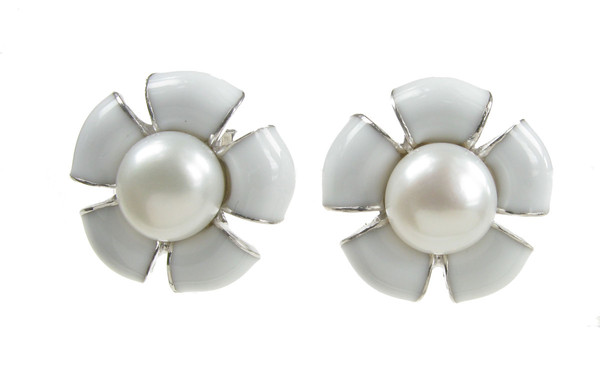 Sterling Silver and White Enamel Flower Earrings