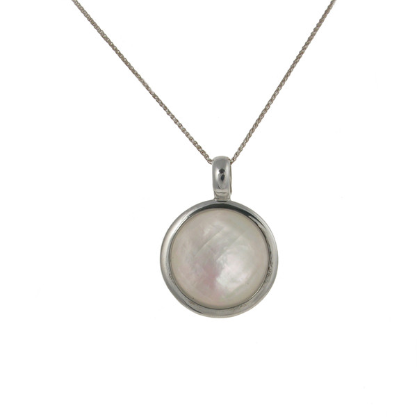 Sterling Silver, White Mother of Pearl and Crystal Round Pendant without Chain