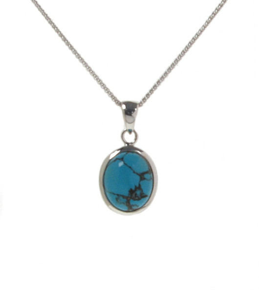 Silver Framed Oval Turquoise Pendant with 16 - 18" Silver Chain