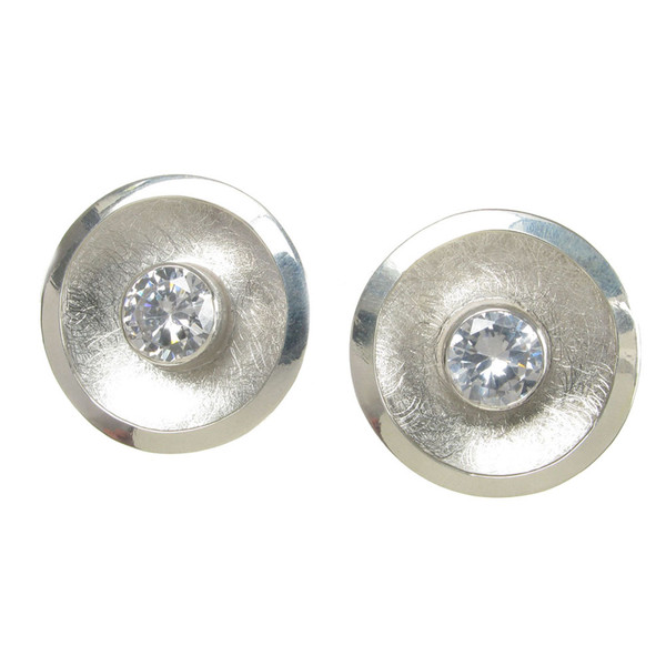Sterling Silver Brushed Disc Stud Earrings with Central Cz