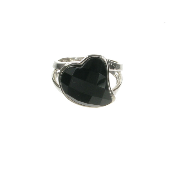 Sterling Silver and Black Agate Swept Heart Ring
