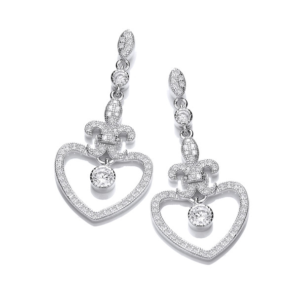Silver and Cubic Zirconia Fleur de Lis Heart Earrings