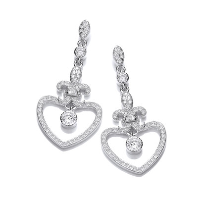 Silver and Cubic Zirconia Fleur de Lis Heart Earrings