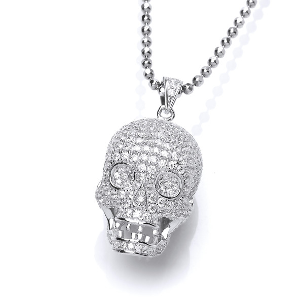 Cubic Zirconia Encrusted Skull Pendant with 24-26” Silver Chain