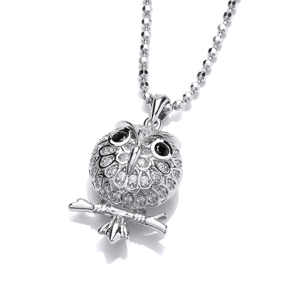 Silver & Cubic Zirconia Barn Owl Pendant with 16-18 Silver Chain