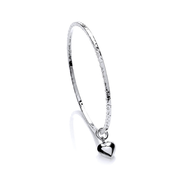 Sterling Silver Diddy Heart Charm Beaten Bangle