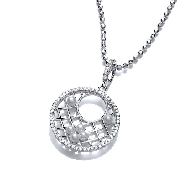 Pearl and Cubic Zirconia Round Lattice Pendant with Chain