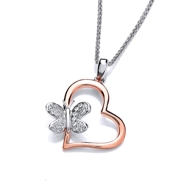 CZ Butterfly in Rose Gold Heart Pendant without Chain