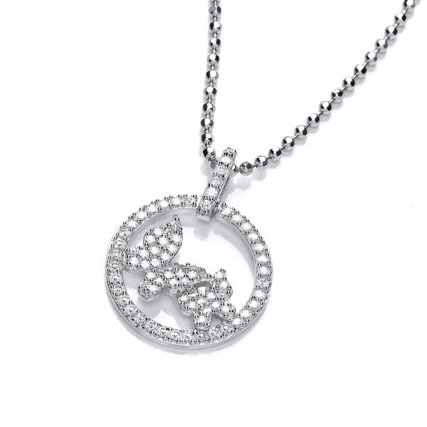 Cubic Zirconia Butterfly Circle Pendant with a 16-18” Silver Chain