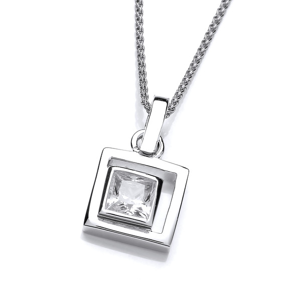Silver & Cubic Zirconia Square in Square Pendant without Chain