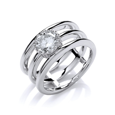 Silver Triple Band Ring with CZ Solitaire