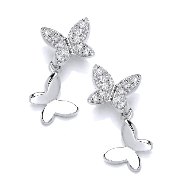 Silver and Cubic Zirconia Drop Butterfly Earrings