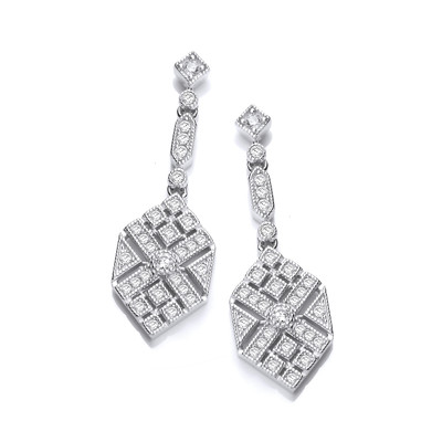 Silver & Cubic Zirconia Victorian Style Hexagon Drop Earrings
