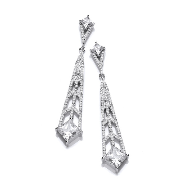 Silver & Cubic Zirconia Deco Style Chandelier Earrings