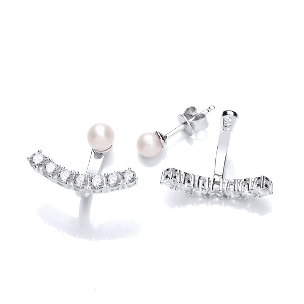 Silver, Cubic Zirconia Row and Pearl Jacket Earrings