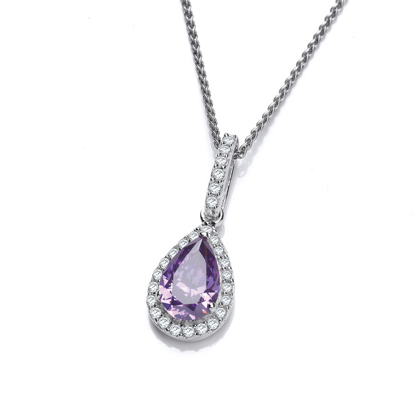 Ornate Silver & Amethyst Cubic Zirconia Teardrop Pendant without Chain