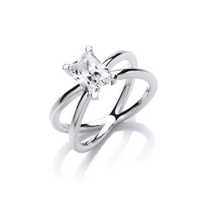 Silver and Emerald Cut CZ Solitaire Ring