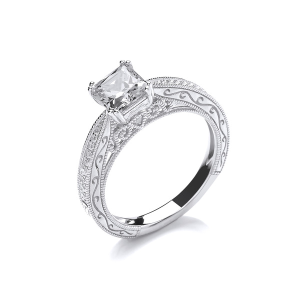 Silver & Cubic Zirconia Ornate Princess Cut Ring