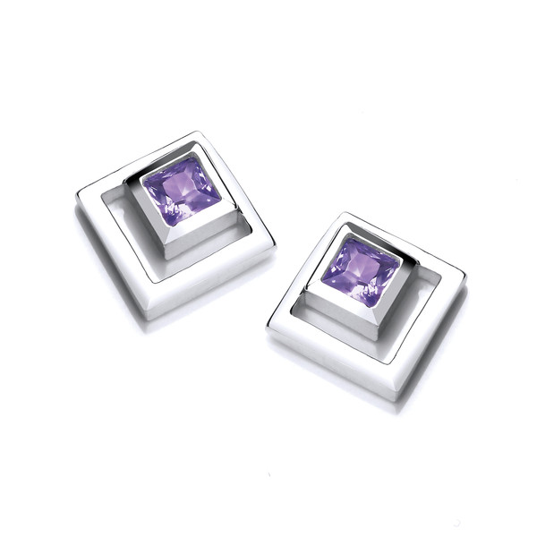 Silver & Amethyst Cubic Zirconia Squares Earrings