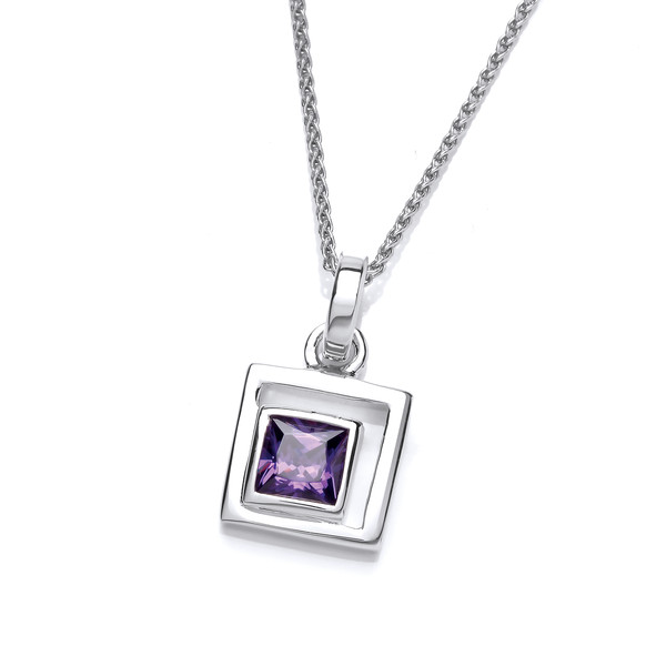 Silver & Amethyst Cubic Zirconia Square in Square Pendant with 16-18 Chain