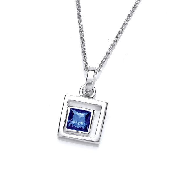 Silver & Sapphire Cubic Zirconia Square in Square Pendant without Chain