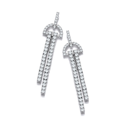 Silver and Cubic Zirconia Deco Two Strand Earrings