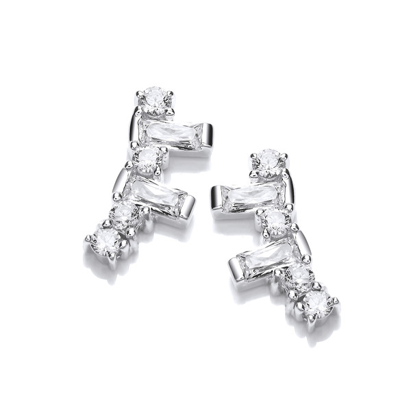 Silver and Cubic Zirconia Geo Climber Earrings