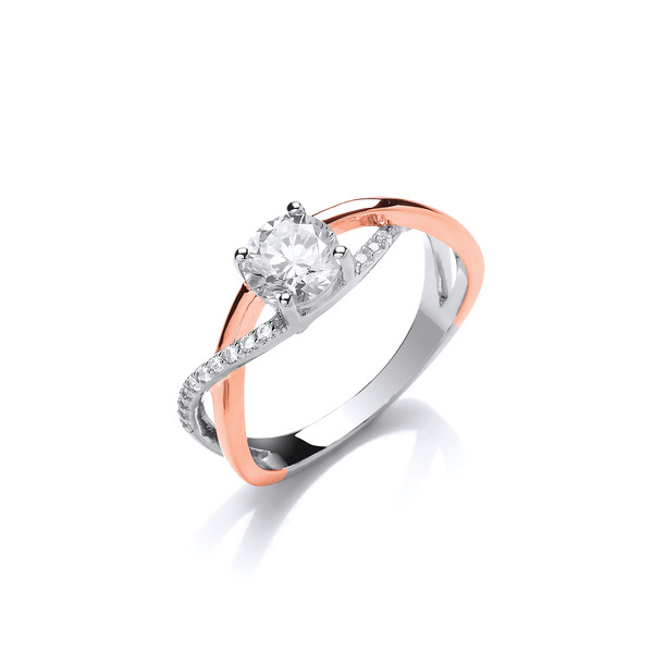Silver and Rose Gold CZ Solitaire Twist Ring