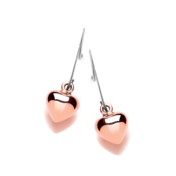 Silver and Copper Puffed Heart Drop Earrings