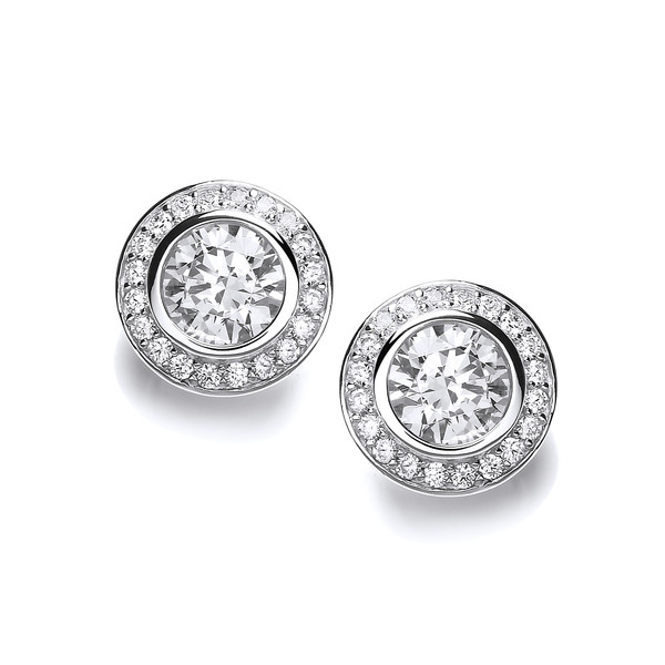 Cubic Zirconia Surround Silver Solitaire Earrings