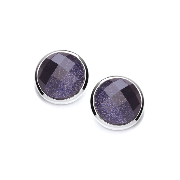 Silver Surround Round Blue Sandstone Earrings