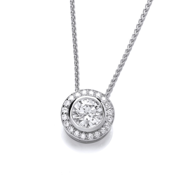 Cubic Zirconia Surround Sterling Silver Solitaire Pendant with 16 - 18" Silver Chain